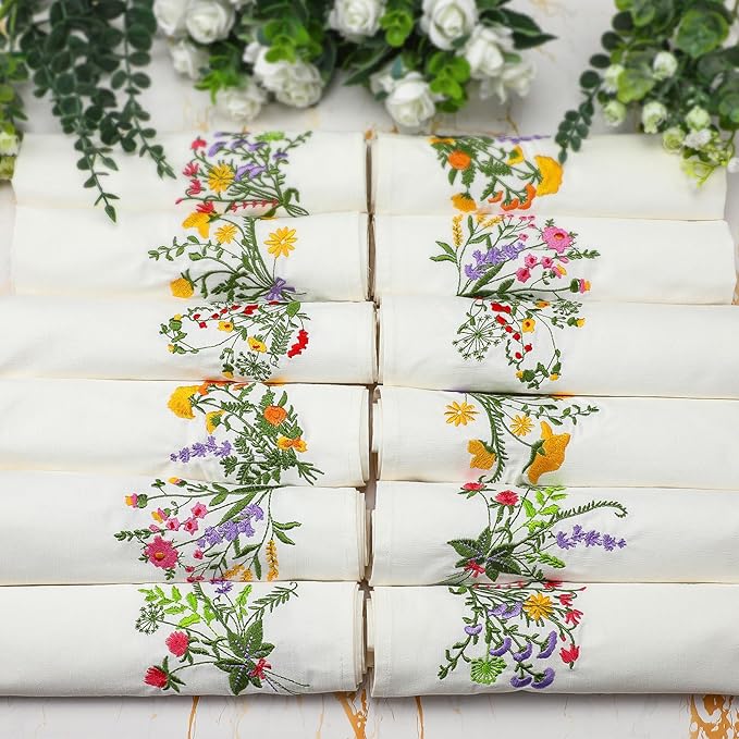 Tioncy 24 Pcs Christmas Floral Cloth Napkins Decorations Bulk Embroidered Wildflower Dinner Napkins Tea Cocktail Party Gifts Xmas Stocking Stuffers for Holiday Table Decor (White)