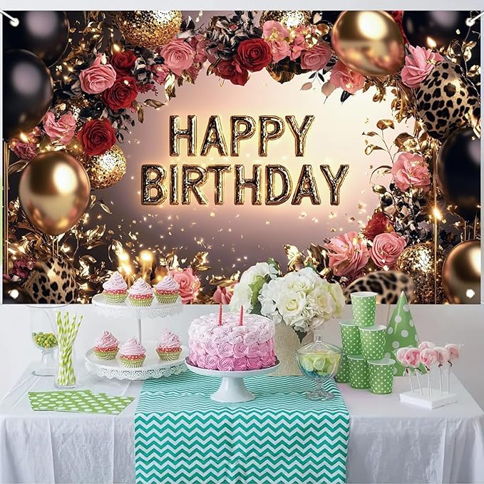 Red and Black Happy Birthday Backdrop Banner Gold Balloons Rose Flowers Leopard Print Party Decorations Photography Background Women Girls Birthday Photo Booth Props 71x43 Inch