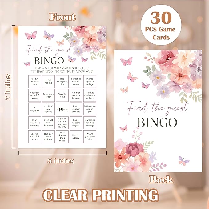 Baby in Bloom Baby Shower Games, Floral Find The Guest Bingo Game for 30 Guests with Game Cards, Gender Reveal Supplies & Decorations (DV22)