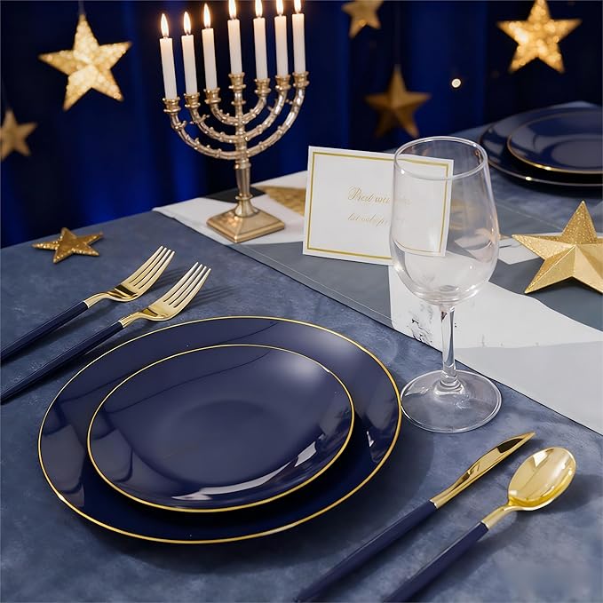 Liacere 150PCS Blue Plastic Plates - Gold Plastic Silverware with Blue Handle - Navy Disposable Plates Include 30 Guests Plates,Forks,Spoons,Knives for Hanukkah & New Year & Hanukkah