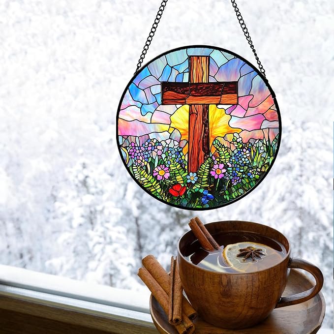 Christian Gifts for Women - Cross Stained Glass Window Hanging Jesus Easter Colorful Wildflowers Sun Catcher Garden Religion Decor Mother's Day Catholic Gift for Men Grandma Mom Her 15"
