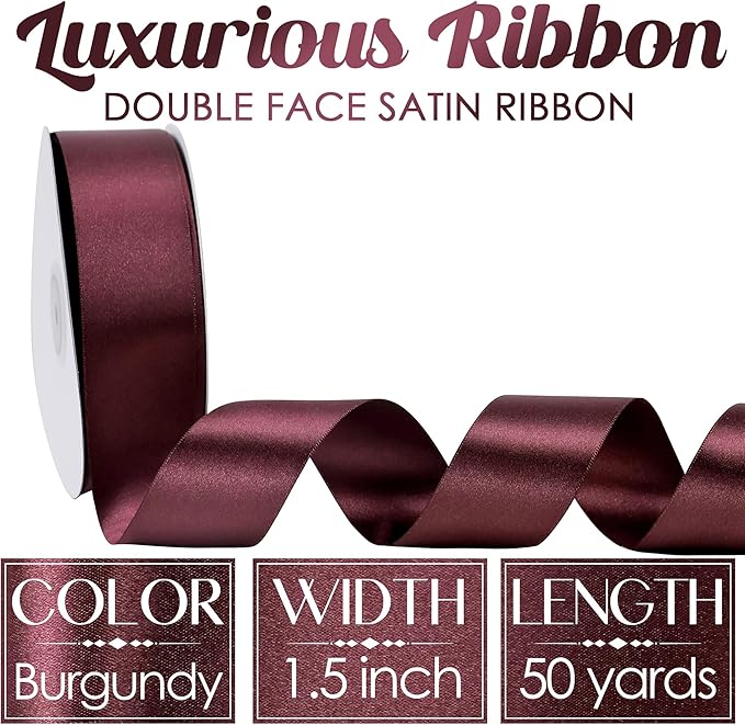 MEEDEE Burgundy Satin Ribbon - 1-1/2 inch Wide, Double Faced, 50 Yards for Christmas Tree, Crafts, Weddings, Flower Bouquets
