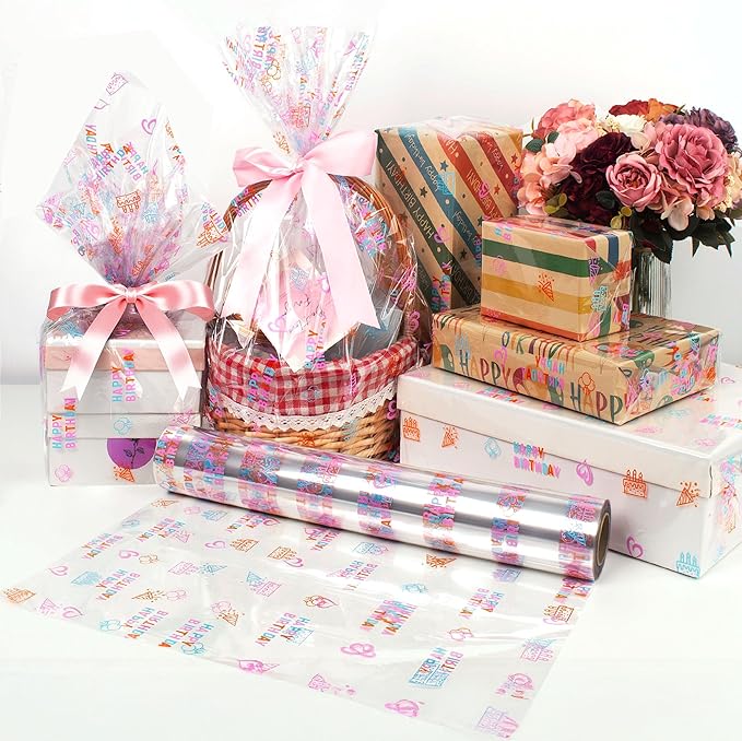 JOYIT Happy Birthday Cellophane Wrap Roll (35'' Wide X 50 FT Long) - 3 Mil Thick Clear Cellophane Roll, Birthday Cellophane Bags Large, Wrapping Paper for Flower Gift Baskets Wrap (35" fold into 17.5")