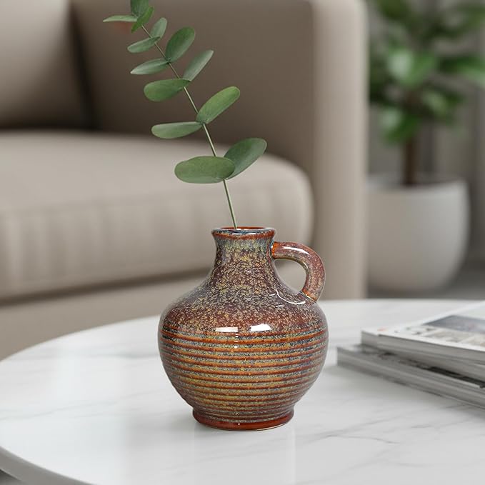 Sunddo Brown Ceramic Vase 6 Inch - Small Rustic Decorative Vase with 1 Handle, Rustic Farmhouse Decor, Bedroom, Bathroom, Bookshelf, Mantel, Coffee Table Decor