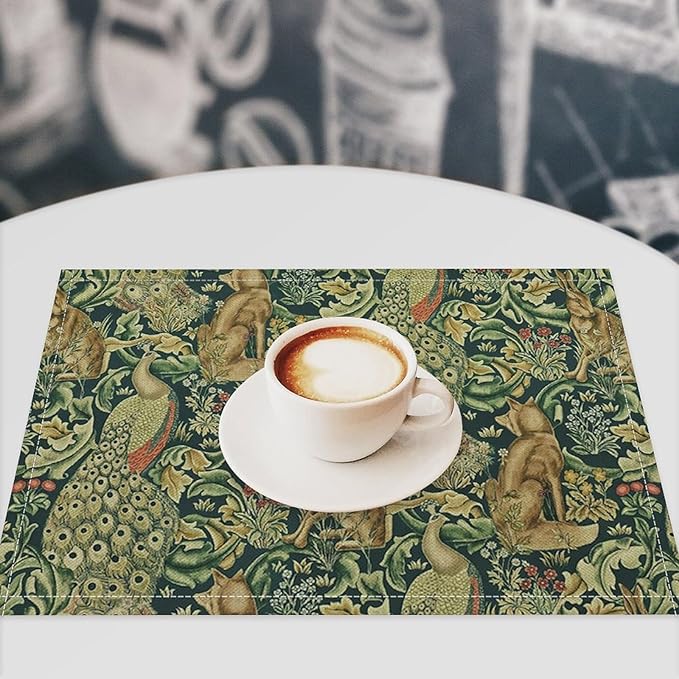William Morris Floral Animal Placemats Set of 4, Vintage Botanical Plant Birds Rabbit Place Mats, Heat Resistant Non Slip Cotton Linen Dining Table Mats for Home Kitchen Party 18x12 Inch
