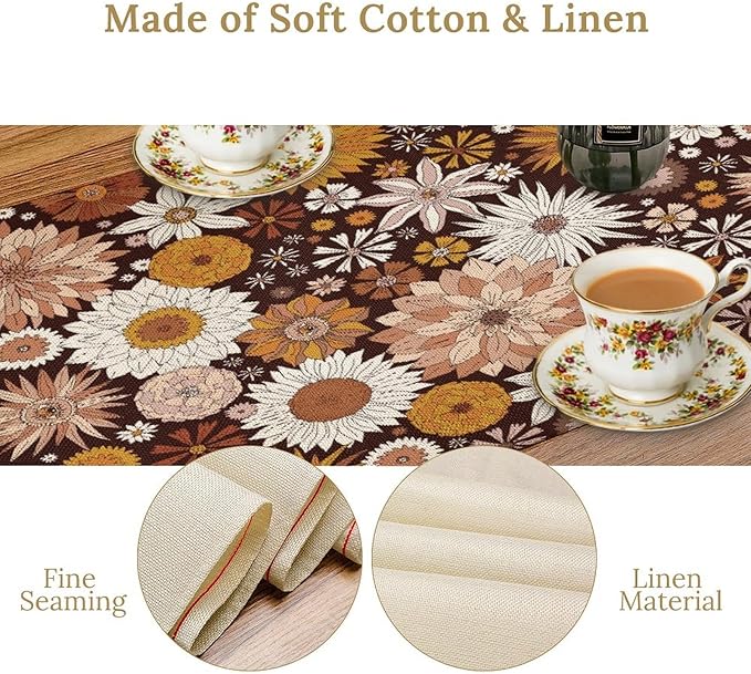 Boho Floral Table Runner, Vintage Country Farmhouse Daisy Flowers Modern Kitchen Dining Room Decoration for Indoor and Outdoor Wedding Party Banquet Table Runner 13x90 Inch