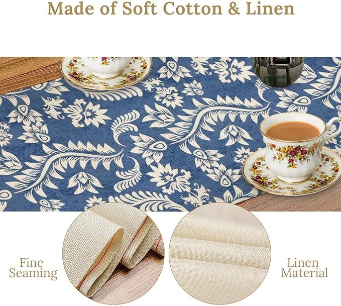 Vintage Floral Table Runner, Rustic Blue White Paisley Flower Boho Farmhouse Decor Table Runner for Kitchen Dining Home Party Decor, 13x120 Inch