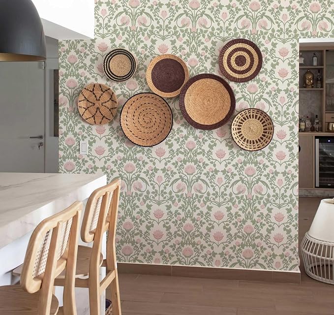 Floral Wallpaper Peel and Stick - 393.7" × 17.3" Pink and Green Wallpaper for Bedroom Decorative Self Adhesive Shelf Drawer Liner