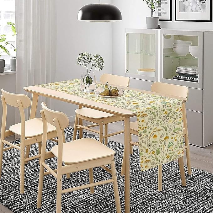 Wild Mushroom Table Runner, Vintage Botanical Rustic Retro Wildflower Herbs Plants Green Mushroom Table Cover for Home Kitchen Dining Decor Indoor Outdoor Party, 13x90inch