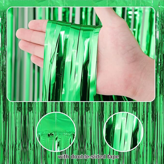 2 Pack 3.28 ft x 6.56 ft Green Tinsel Curtain Party Backdrop Decorations, Metallic Foil Fringe Backdrop Door for Halloween, Christmas, Birthday Graduation Wedding Party Streamers Photo Backdrop.