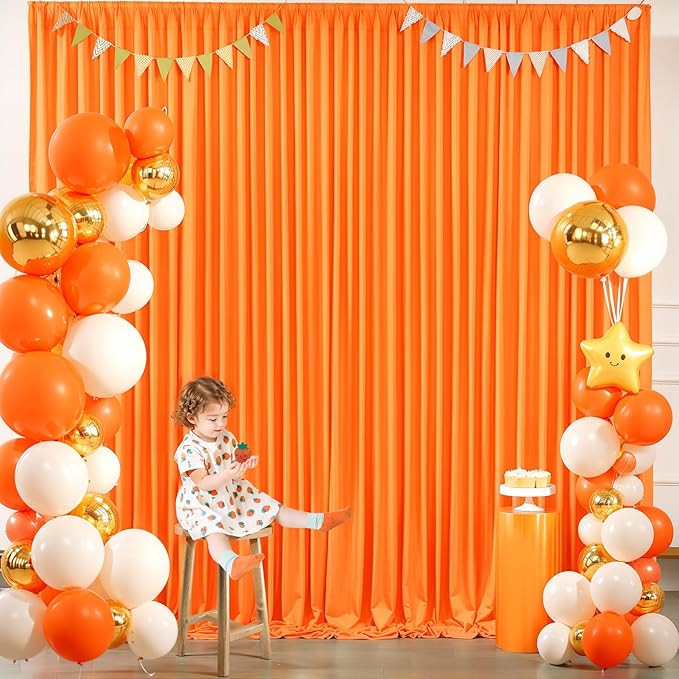 Orange Backdrop Curtain 2 Panels-Wrinkle-Free Champagne Curtains Polyester Photography Drapes for Baby Shower Birthday Party Photo Background Backdrop Stand- 8 X10FT (Orange)