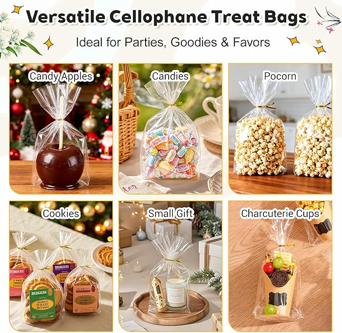 PigPotParty Cellophane Treat Bags 7"x10", 50 Pack Clear Goodie Bags, Bottom Gusset for Stand-Up Display, Small Plastic Gift Wrap for Cookies, Candy, Party Favors, Popcorn, Includes 50 Gold Ties