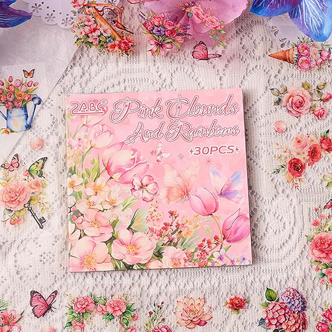 Floral Stickers Set,30 Sheets Pink Waterproof PET Clear Flower Stickers for Scrapbooking Journaling Bullet Journal Junk Journal Supplies
