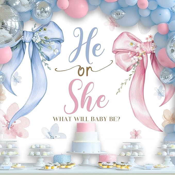 Riyidecor Gender Reveal Backdrop Polyester Fabric Bow Baby Shower Leaves He or She What Will Baby Be Pink Blue 7Wx5H Feet Newborn Photography Background Gender Reveal Photo Studio Shoot