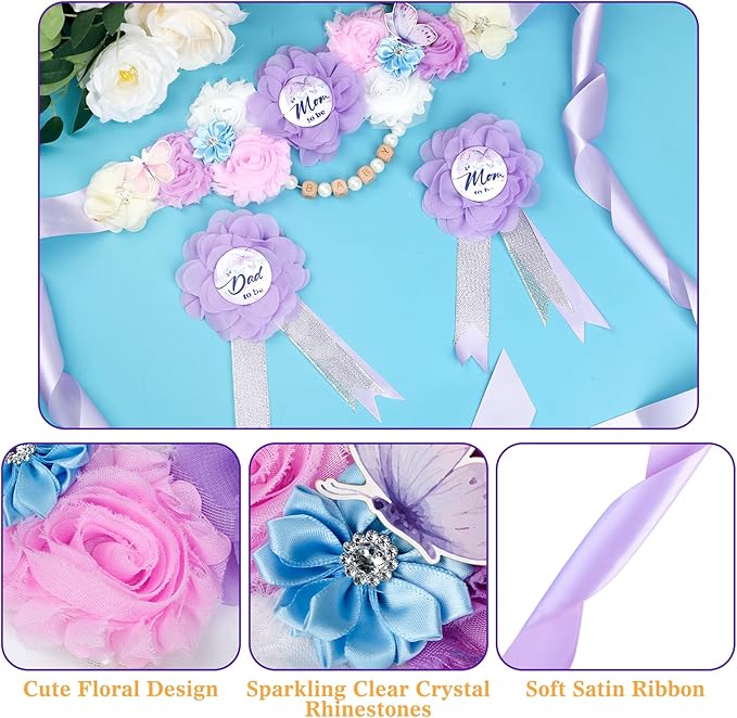 INSYOHO Butterfly Baby Shower Decorations - Adjustable a Little Butterfly is on Her Way Theme Maternity Belt with Purple Flowers Baby Shower Decorations, Gender Reveal Party Supplies for Mom to Be