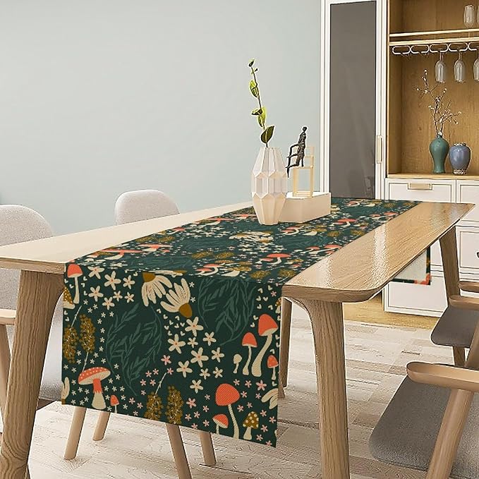 Mushroom Table Runner, Cartoon Woodland Summer Flowers Plants Forest Seasonal Spring Kitchen Dining Table Decoration for Home Party Decor, 13x90inch