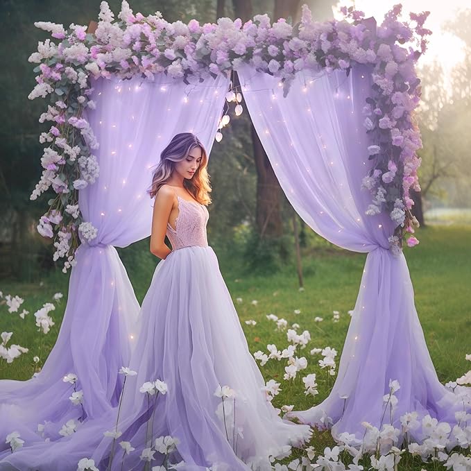 10x8ft Purple Tulle Backdrop Curtain with Lights String for Parites, Sheer Backdrop Curtains for Wedding Baby Shower Birthday Party Photo Shoot Decorations