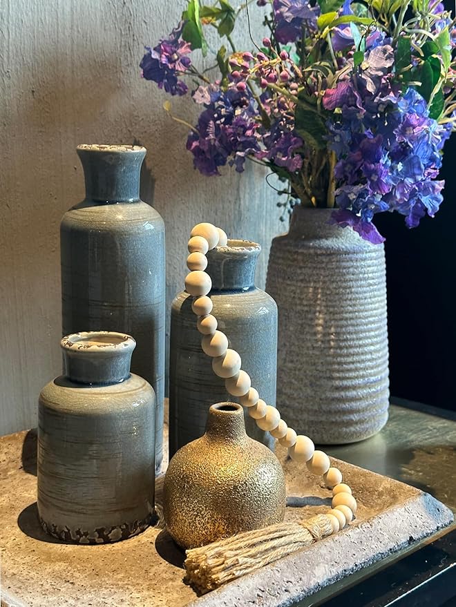CwlwGO- Ceramic Rustic Vintage Blue Vase, Suitable for Home Decoration, 3 Piece Set of Glazed Decorative Vases, Kitchen, Bedroom.Living Room Table,Shelf Decorations.