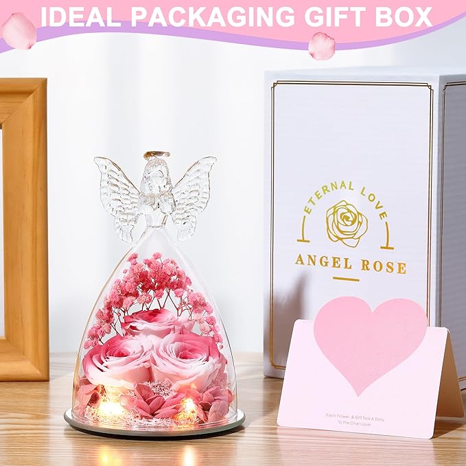 Christmas Rose Gifts for Women Preserved Real Flower in Glass Angel Figurines Roses for Delivery Prime Birthday Gifts for Mom Grandma Girlfriend Wife Her, Pink White