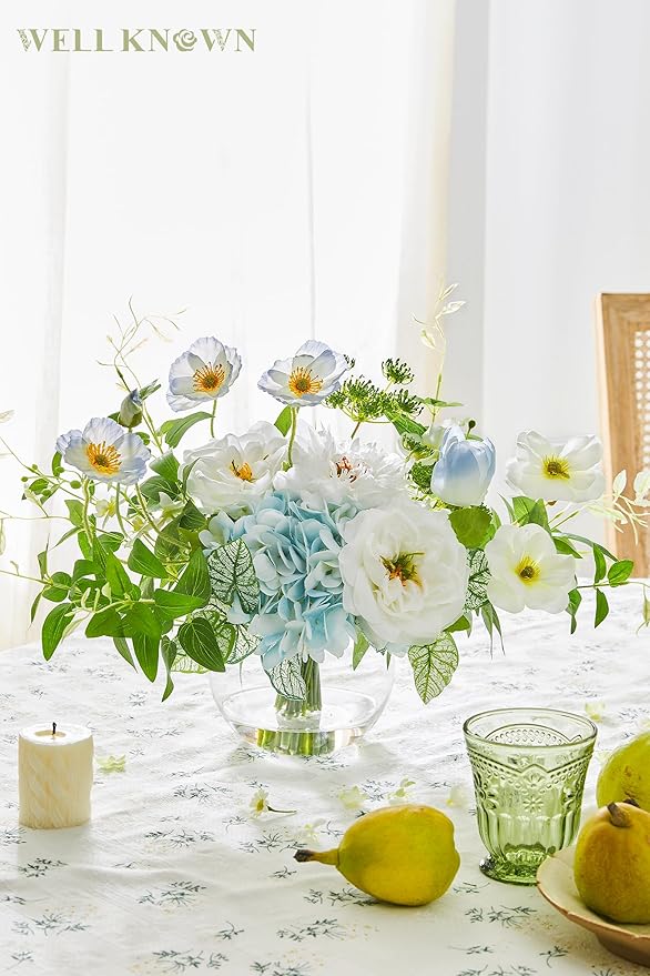 WELL KNOWN Artificial Silk Flowers Bouquet with Vase, Fake Flower Arrangements in Glass Vase with Faux Water for Spring Summer Seasonal Home Office Hotel Wedding Table Decor (Blue in Spring)