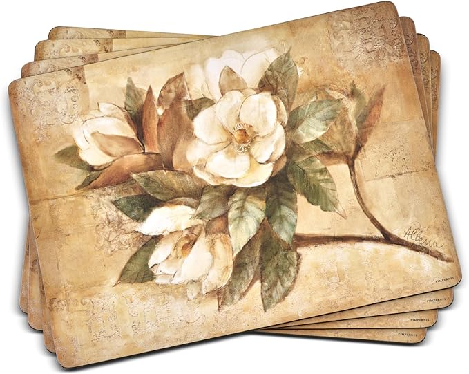 Pimpernel Sugar Magnolia Collection Placemats & Coasters (15.7" x 11.7") – Cork-Backed Boards with Lacquer Finish, Heat & Stain Resistant Dining Mats & Surface Protectors for Kitchen & Home Decor