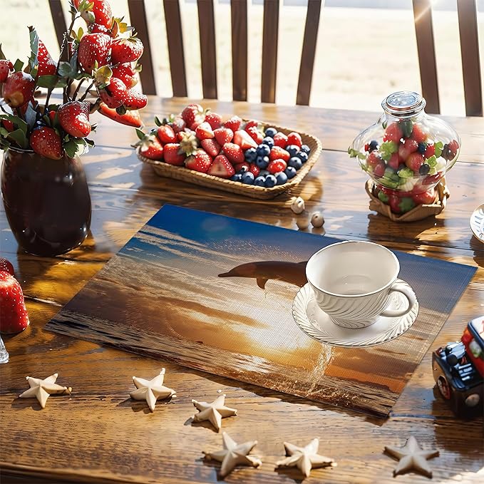 6 Pcs Palm Tree Beach Table Mats,Starfish Ocean Placemats Waterproof Washable, Kitchen Table Decoration Placemats Modern Holiday Kitchen Table Decoration(12"x18"Linen)