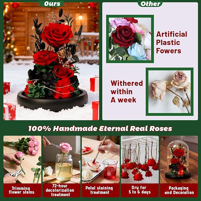 Christmas Real Preserved Flowers with LED, Red Forever Eternal Roses in Glass Dome, Gifts for Her Women Girlfriend for Birthday Anniversary, Home Decor
