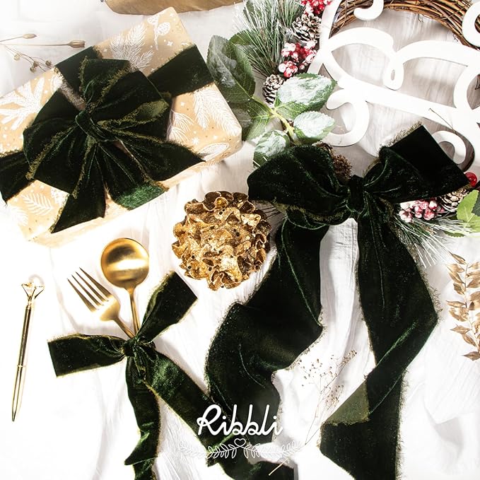 Ribbli Dark Moss Velvet Ribbon 3 Inch Handmade Frayed Vintage Christmas Ribbon for Gift Wrapping Christmas Tree Ornament Wreath Craft Home Decor -3 Yards