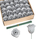 Glitter Roses Bouquet,30PCS Silver Roses Fake Roses Artificial Flowers for Wedding Bouquet Party Christmas Home Decor(Silver)
