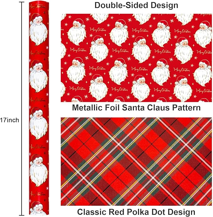 Yarcony Red Christmas Wrapping Paper Roll, Santa Wrapping Paper, Retro Classic Red Santa Claus, Stewart Tartan Plaid Christmas Gift Wrap Sheets for Winter Holiday, Festive Decor (17 Inch X 33 Feet)