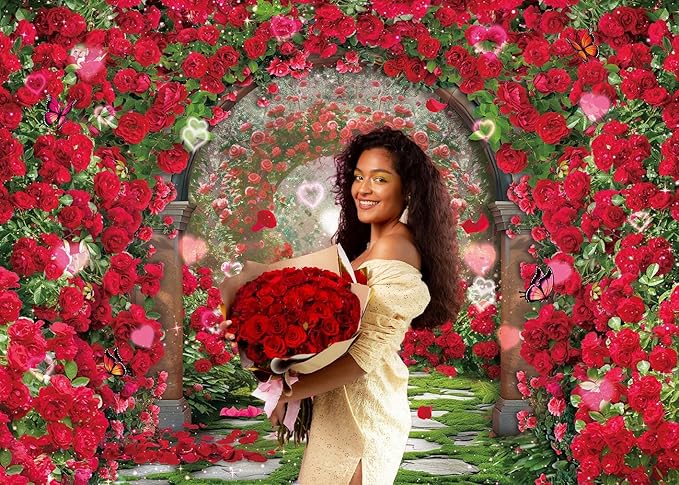 Valentines Day Flowers Garden Backdrops Red Rose Spring Floral Scene Photography Backdrop Girls Birthday Bridal Shower Wedding Party Decorations Banner Photo Booth Props (7x5FT(82 x 59 inch))