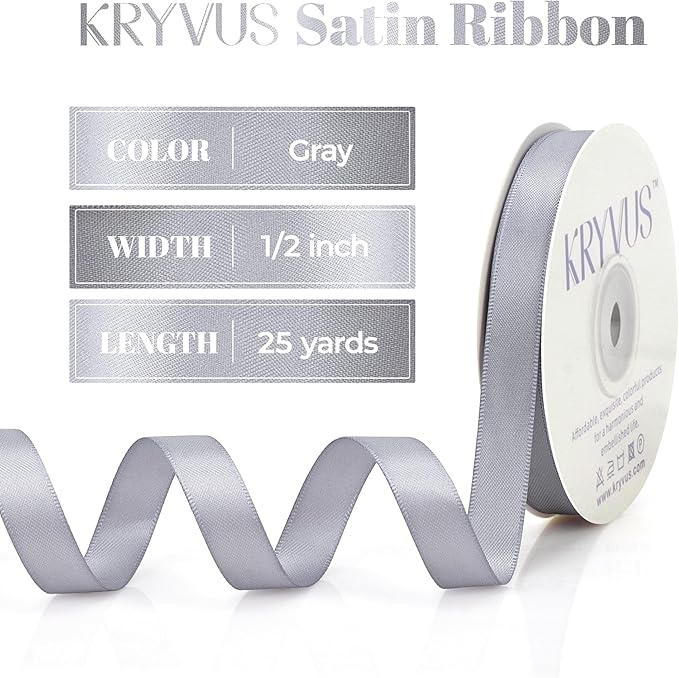 Gray Satin Ribbon, Double Faced 1/2 Inch X 25 Yards Gray Ribbon, Premium Satin Ribbon for Gift Wrapping, Crafts, Hair Bow Making, Sewing, Flower Bouquet, Wedding Party Decor