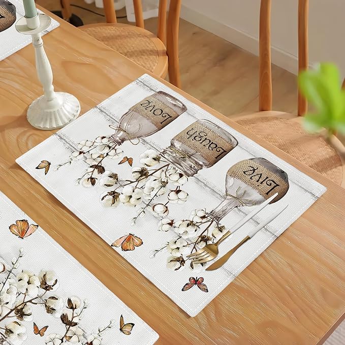 Cotton Flower Placemats Set of 6 Farmhouse Floral Table Mats Washable Place mats for Home Party Indoor Kitchen Dining Table Linen Decoration 12x18 Inch