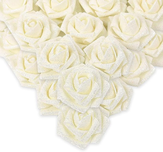 IPOPU Glitter Roses,50pcs Glitter Flowers Foam Rose with Stem for DIY Wedding Bridal Bouquet Home Party Christmas Decoration(Ivory)