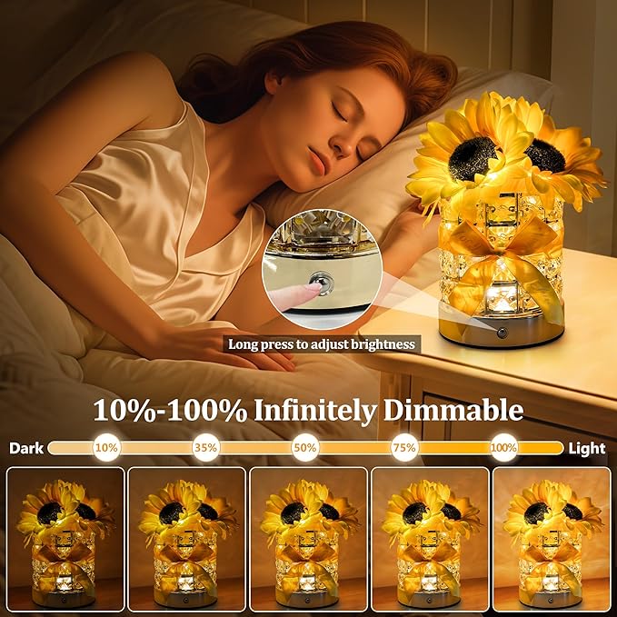 Sunflower Gifts for Women, Rechargeable Touch Table Lamp, 3 Color Infinitely Dimming Sunflowers Night Light, Flower Lamp for Bedroom Bar Home Decor, Christmas Birthday Gifts for Women Mom (Sunflower)