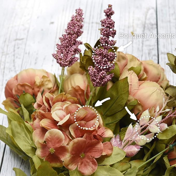 FiveSeasonStuff Vintage Artificial Peonies Silk Peony Flowers and Hydrangeas for Wedding Bridal Home Décor – Beautiful Floral Centerpiece Arrangement with 2 Bouquets (Mixed Pale Pink and Tawny Brown)