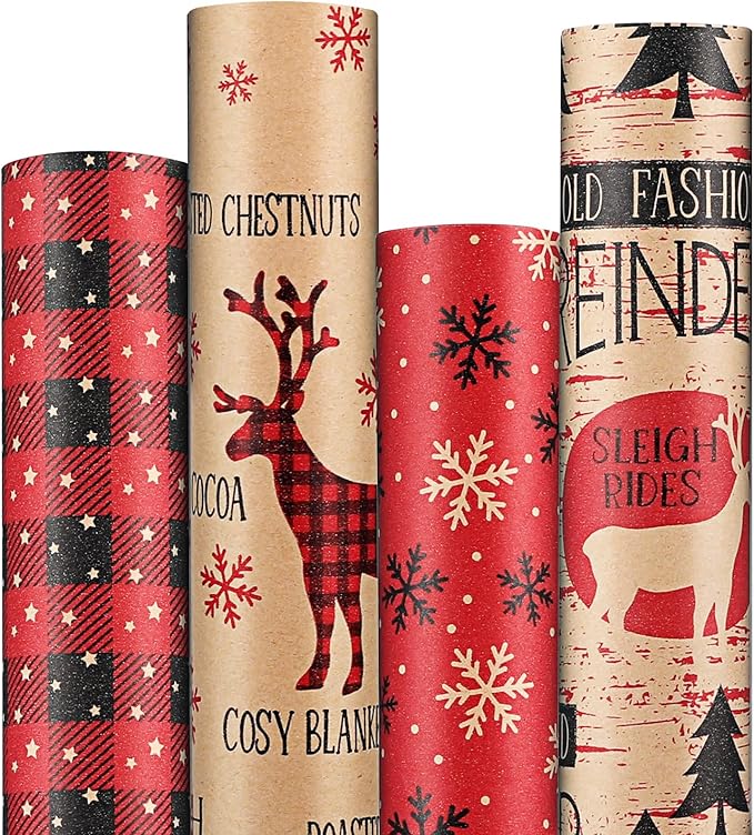 Anvure Christmas Wrapping Paper (4 Rolls: 93 sq. ft total) 17 Inch*16.4 Feet Per Rolls, Xmas Kraft Set Designs with Plaid, Reindeer, Tree, Snowflake & Star Patterns Holiday Wrap for Gift