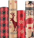 Anvure Christmas Wrapping Paper (4 Rolls: 93 sq. ft total) 17 Inch*16.4 Feet Per Rolls, Xmas Kraft Set Designs with Plaid, Reindeer, Tree, Snowflake & Star Patterns Holiday Wrap for Gift