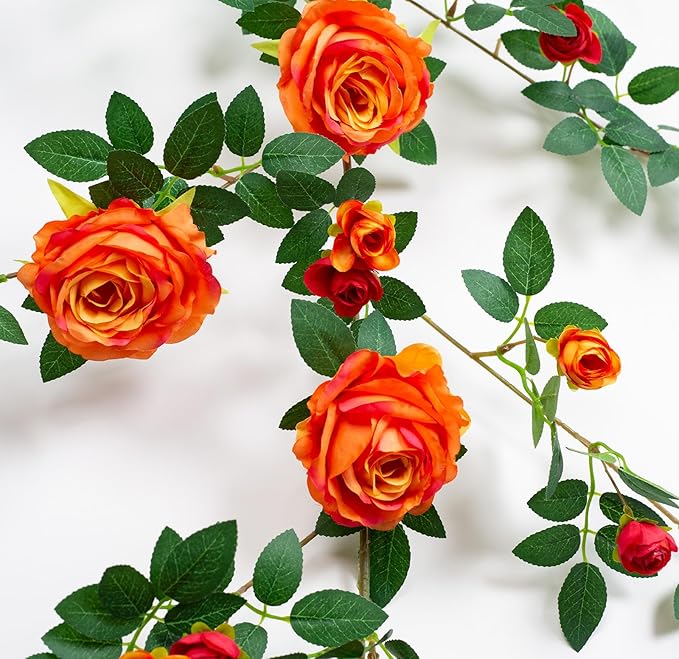 6FT Bendable Flower Garland, Artificial Rose Vine Hanging Floral Garland Decoration for Weding Home Room Wall Decor (Orange, 2pcs)