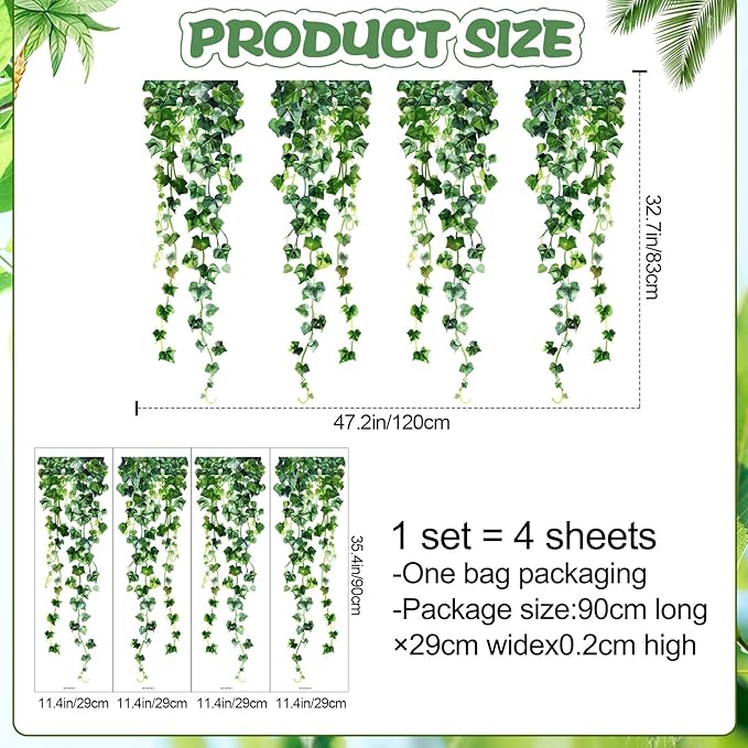 Green Plants Leaves Wall Decals Hanging Vine Wall Stickers Fresh Green Leaf Wall Art Removable Nature Botanical Vine Branches Leaves Murals for Kids Bedroom TV Background Home Decor 91