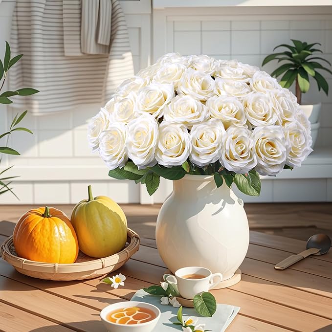 Artificial Rose Flower Ivory Flowers Ivory Roses White Roses Silk Flowers 50 pcs with Long Stem Silk Roses Bouquet for Wedding Bridal Shower Party Home Decoration