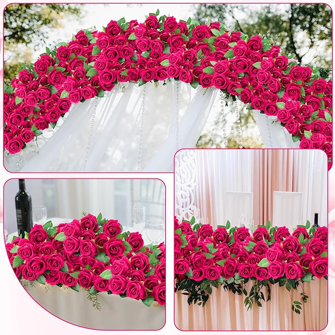 150 Pcs Roses Artificial Flowers, Silk Hot Pink Artificial Flowers Petals Long Stem Roses for Wedding Bouquet Home Party Decor