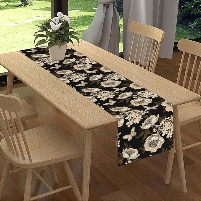 Boho Floral Table Runner, Retro Bohemian Abstract Flower Leaves Black Gothic Print Table Center Decor for Family Kitchen Table Decorations Indoor Outdoor 13x36 inch