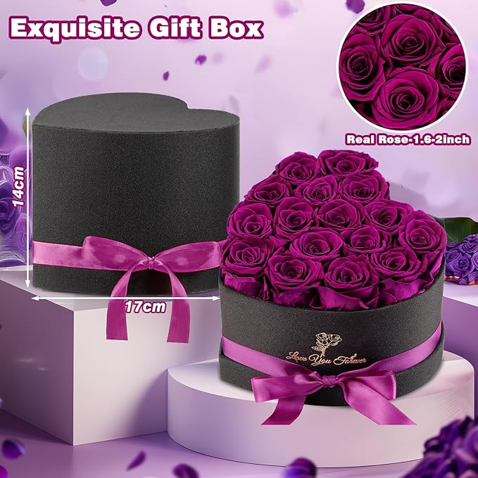Forever Flowers, 16 Purple Preserved Rose in Heart Shape Box for Delivery Prime,Gifts for Women Grandma Wife Sisiter, Eternal Rose Box Rose Gifts for Mom Birthday