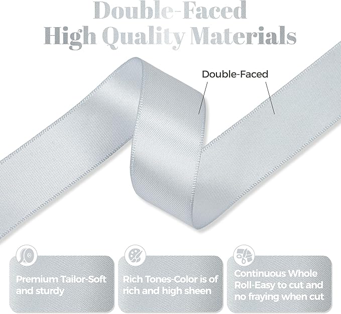 Silver Gray Satin Ribbon, Double Faced 7/8 Inch X 25 Yards Silver Gray Ribbon, Premium Satin Ribbon for Gift Wrapping, Crafts, Hair Bow Making, Sewing, Flower Bouquet, Wedding Party Decor