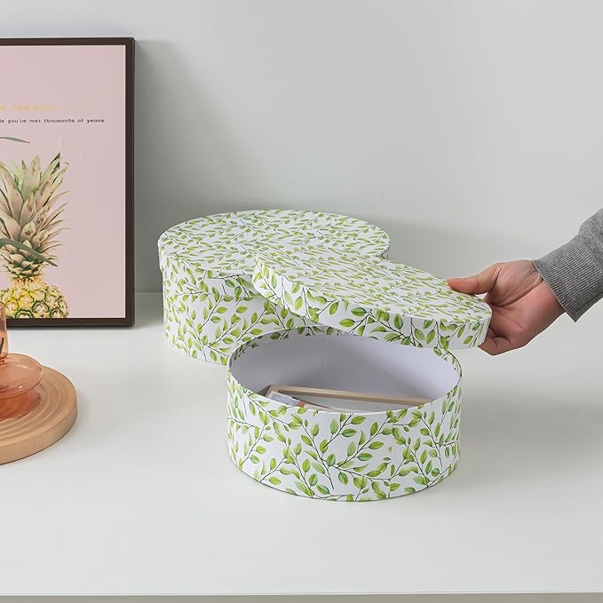 Soul & Lane Oblong Decorative Cardboard Storage Boxes with Lids, Set of 2 Botanical Green and White Keepsake Memory Boxes, Oval Nesting Paperboard Storage for Gifts, Lovely Leaves