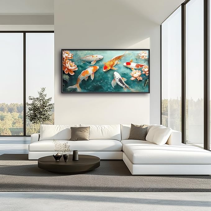 Carp Fish Large Wall Art Framed Japanese Wall Decor for Living Room Asian Fish Pictures Oversized Canvas Print Painting Modern Extra Large Framed Artwork for Bedroom Office Home Decor 60"x30"
