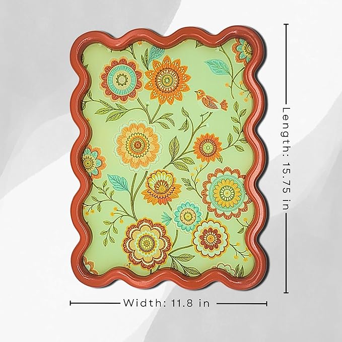 TAKORO 3D Wavy Wall Art, 11.8" x 15.75" Framed Canvas – Textured Floral & Bird Relief on Waterproof Canvas, Orange-Red Wavy MDF Frame, Modern Rustic/Boho Wall Decor for Living Room Bedroom Hallway