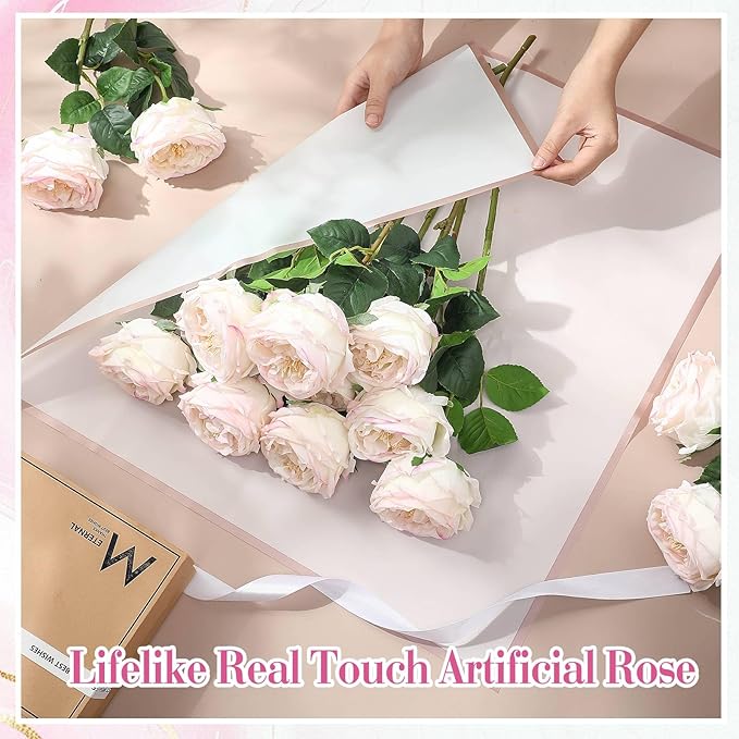 Giegxin 20 Pcs Real Touch Peonies Austin Roses Artificial Flowers, Faux Look Real Long Stems Fake Flower with Big Blooms for Christmas Valentines Wedding Party DIY Arrangement Home Decor(Light Pink)