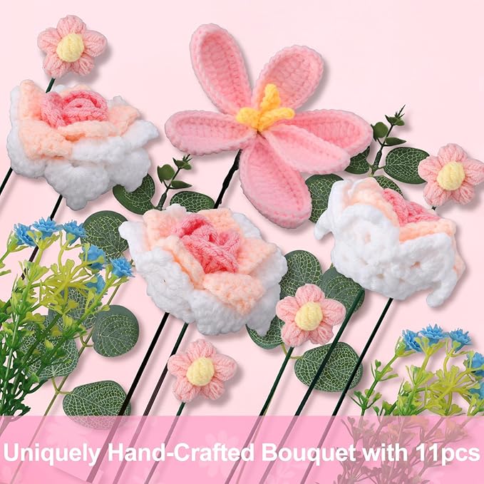 Foyucool Crochet Flowers Bouquet, Handmade Knitted Tulip Rose Bouquet with Gift Bag for Home Deocor, Crocheted Finished Flower for Wedding, Mother's Day, Teachers' Day and Valentine's Day, Pink